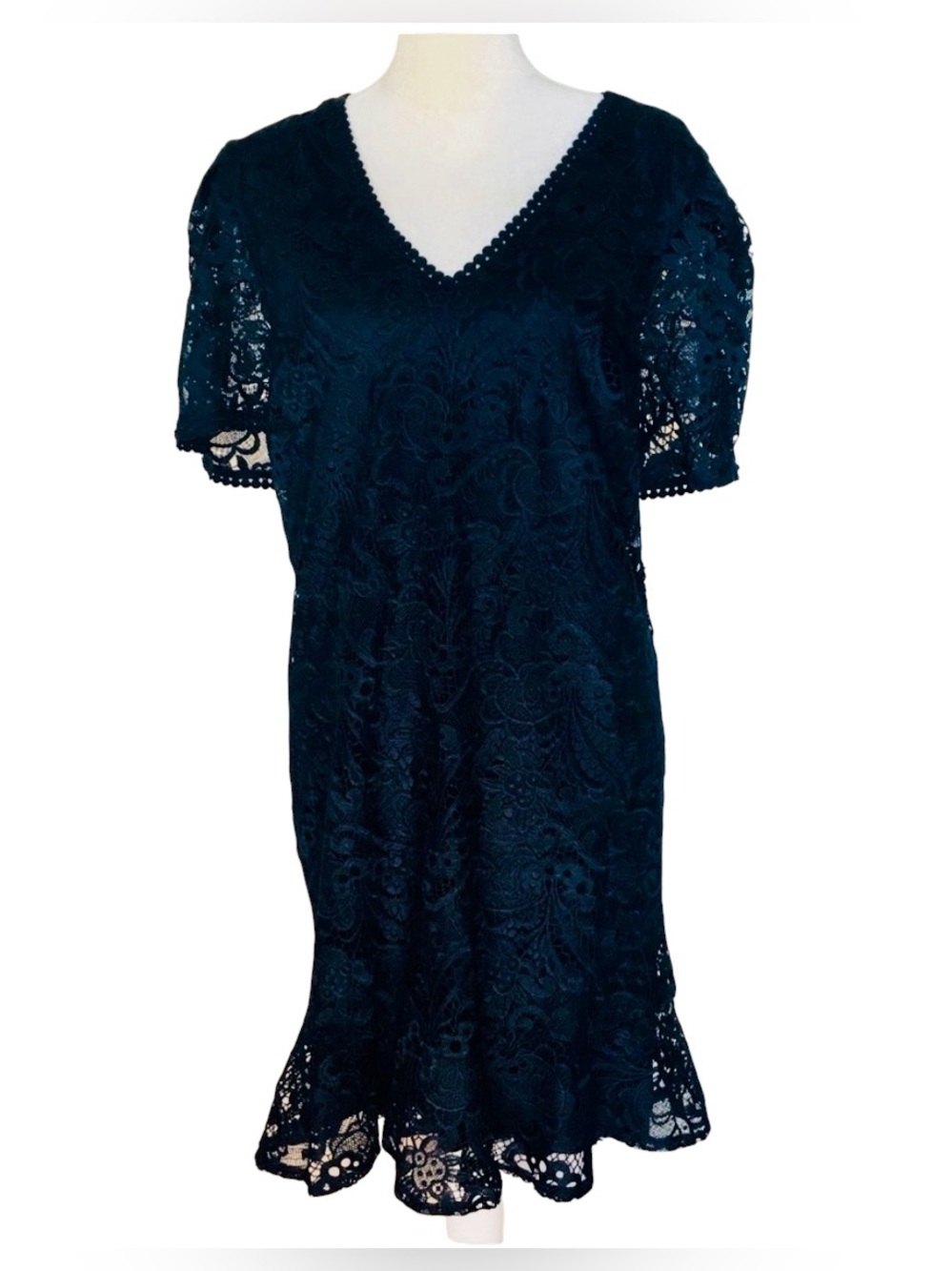 Express Navy Blue Lace Dress XL V-Neck Puff Sleeve Scalloped Hem Cocktail Party - Picture 5 of 11